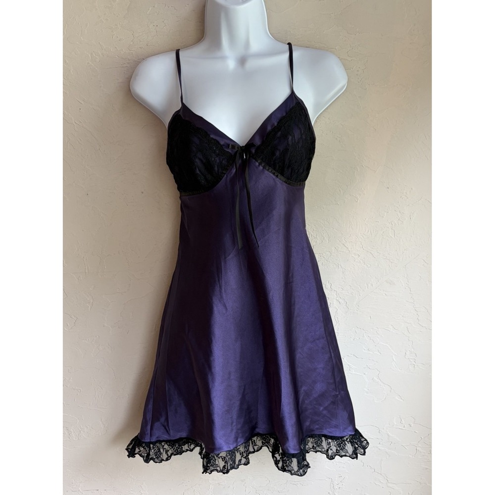 Y2K Dark Purple Satin Black Lace Babydoll Slip Dress M Gothic Whimsigoth Witchy